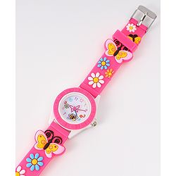 Babyhug Analog Watch with Floral & Butterfly Design - Fuchsia