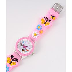 Babyhug Analog Watch with Floral & Butterfly Design - Pink