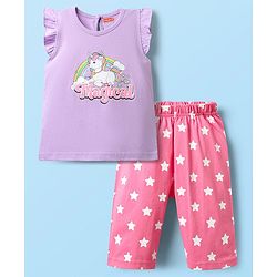 Babyhug Cotton Knit Frill Sleeves Capri Night Suit With Unicorn Print - Lavender & Dark Pink