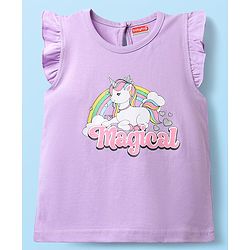 Babyhug Cotton Knit Frill Sleeves Capri Night Suit With Unicorn Print - Lavender & Dark Pink