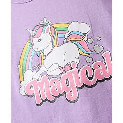 Babyhug Cotton Knit Frill Sleeves Capri Night Suit With Unicorn Print - Lavender & Dark Pink