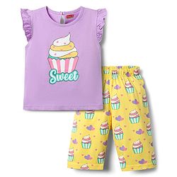 Babyhug Cotton Knit Frill Sleeves Capri Night Suit With Cup Cakes Print - Lavender