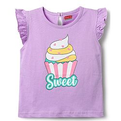 Babyhug Cotton Knit Frill Sleeves Capri Night Suit With Cup Cakes Print - Lavender