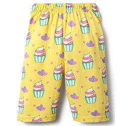 Babyhug Cotton Knit Frill Sleeves Capri Night Suit With Cup Cakes Print - Lavender