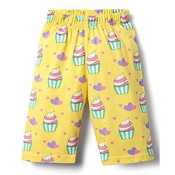 Babyhug Cotton Knit Frill Sleeves Capri Night Suit With Cup Cakes Print - Lavender