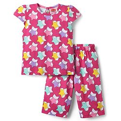 Babyhug Cotton Knit Cap Sleeves Capri Night Suit With Stars Print - Pink
