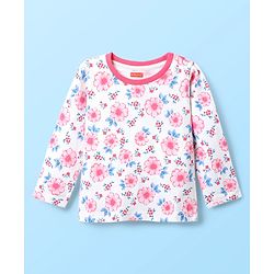 Babyhug Cotton Knit Full Length Co-ords Night Suit With Floral Print - White & Pink