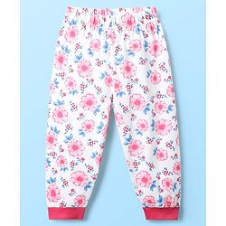 Babyhug Cotton Knit Full Length Co-ords Night Suit With Floral Print - White & Pink