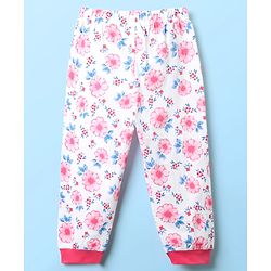 Babyhug Cotton Knit Full Length Co-ords Night Suit With Floral Print - White & Pink