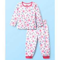 Babyhug Cotton Knit Full Length Co-ords Night Suit With Floral Print - White & Pink