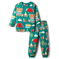 Babyhug Cotton Knit Full Sleeves Co-Ords Night Suit With Bear Print - Green
