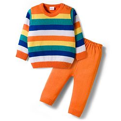 Babyhug Knit Full Sleeves Sweater Set With Stripes - Multicolour