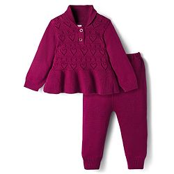 Babyhug Knit Full Sleeves Sweater Set With Heart Design - Wine