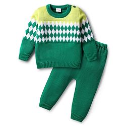 Babyhug Knitted Full Sleeves Sweater Set With Chevron Design - Green