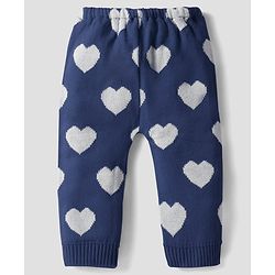 Babyhug Knit Full Length Woollen Pant With Hearts Design - Navy Blue