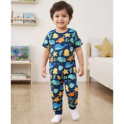 Babyhug Cotton Knit Half Sleeves Co-rds Night Suit With Fish Print - Navy Blue