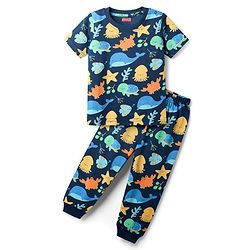 Babyhug Cotton Knit Half Sleeves Co-rds Night Suit With Fish Print - Navy Blue