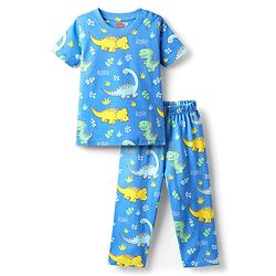 Babyhug Cotton Knit Half Sleeves Co-ords Night Suit with Dino Print - Blue