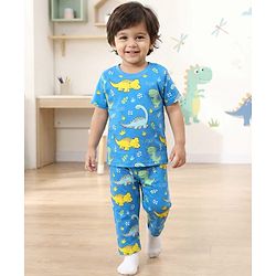Babyhug Cotton Knit Half Sleeves Co-ords Night Suit with Dino Print - Blue