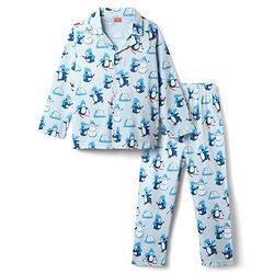 Babyhug Cotton Knit Full Sleeves Co-ord Night Suit with Penguin Print - Light Blue