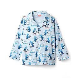Babyhug Cotton Knit Full Sleeves Co-ord Night Suit with Penguin Print - Light Blue