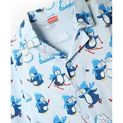 Babyhug Cotton Knit Full Sleeves Co-ord Night Suit with Penguin Print - Light Blue