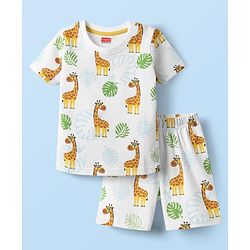 Babyhug Cotton Knit Half Sleeves Co-ords Shorts Night Suit With Giraffe Print - White
