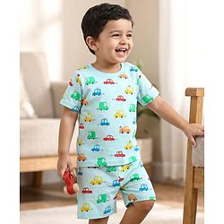 Babyhug Cotton Knit Half Sleeves Co-ords Shorts Night Suit With Vehicle Print - Light Blue