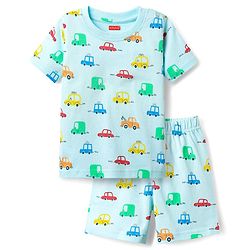 Babyhug Cotton Knit Half Sleeves Co-ords Shorts Night Suit With Vehicle Print - Light Blue