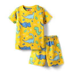 Babyhug Cotton Knit Half Sleeves Shorts Co-Ord Night Suit With Dino Print - Yellow