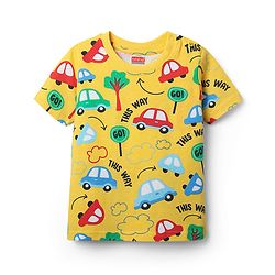 Babyhug Cotton Knit Half Sleeves Co-ords Shorts Night Suit With Vehicle Print - Yellow