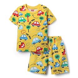 Babyhug Cotton Knit Half Sleeves Co-ords Shorts Night Suit With Vehicle Print - Yellow