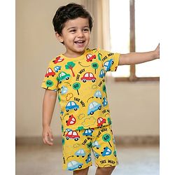Babyhug Cotton Knit Half Sleeves Co-ords Shorts Night Suit With Vehicle Print - Yellow