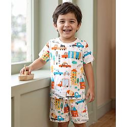 Babyhug Cotton Knit Half Sleeves Co-ords Shorts Night Suit With Vehicle Print - White