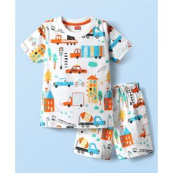 Babyhug Cotton Knit Half Sleeves Co-ords Shorts Night Suit With Vehicle Print - White