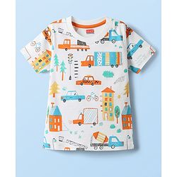 Babyhug Cotton Knit Half Sleeves Co-ords Shorts Night Suit With Vehicle Print - White