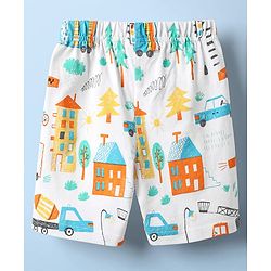 Babyhug Cotton Knit Half Sleeves Co-ords Shorts Night Suit With Vehicle Print - White