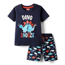 Babyhug Cotton Knit Half Sleeves Shorts Night Suit With Dino Print - Navy Blue
