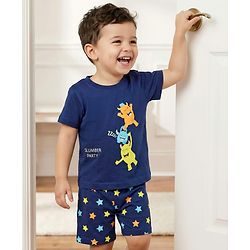 Babyhug Cotton Knit Half Sleeves Shorts Night Suit With Monsters Print - Navy Blue