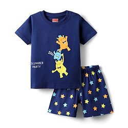 Babyhug Cotton Knit Half Sleeves Shorts Night Suit With Monsters Print - Navy Blue