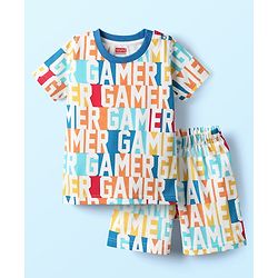 Babyhug Cotton Knit Half Sleeves Co-ords Shorts Night Suit With Gamer Text Print - Multicolor