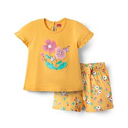 Babyhug Cotton Knit Half Sleeves  Shorts Night Suit With Floral Print - Yellow