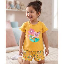 Babyhug 100% Cotton Knit Half Sleeves Shorts Night Suit With Floral Print - Yellow