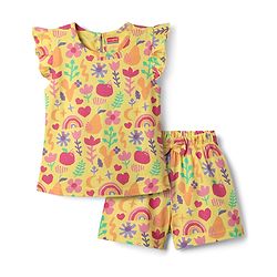 Babyhug Cotton Knit Frill Sleeves Shorts Night Suit With Floral Print - Yellow