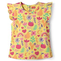 Babyhug Cotton Knit Frill Sleeves Shorts Night Suit With Floral Print - Yellow
