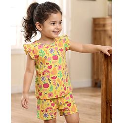 Babyhug Cotton Knit Frill Sleeves Shorts Night Suit With Floral Print - Yellow