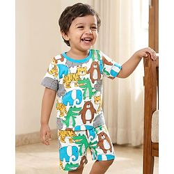Babyhug Cotton Knit Half Sleeves Co-ords Shorts Night Suit With Vehicle Print - Multicolor