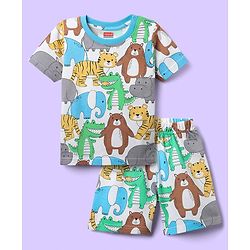 Babyhug Cotton Knit Half Sleeves Co-ords Shorts Night Suit With Vehicle Print - Multicolor