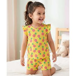 Babyhug Cotton Knit Frill Sleeves Co-ords Shorts Night Suit With Pineapple Print - Yellow