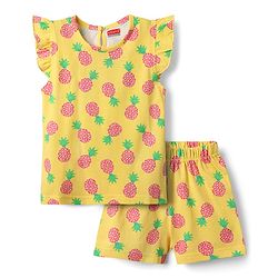 Babyhug Cotton Knit Frill Sleeves Co-ords Shorts Night Suit With Pineapple Print - Yellow